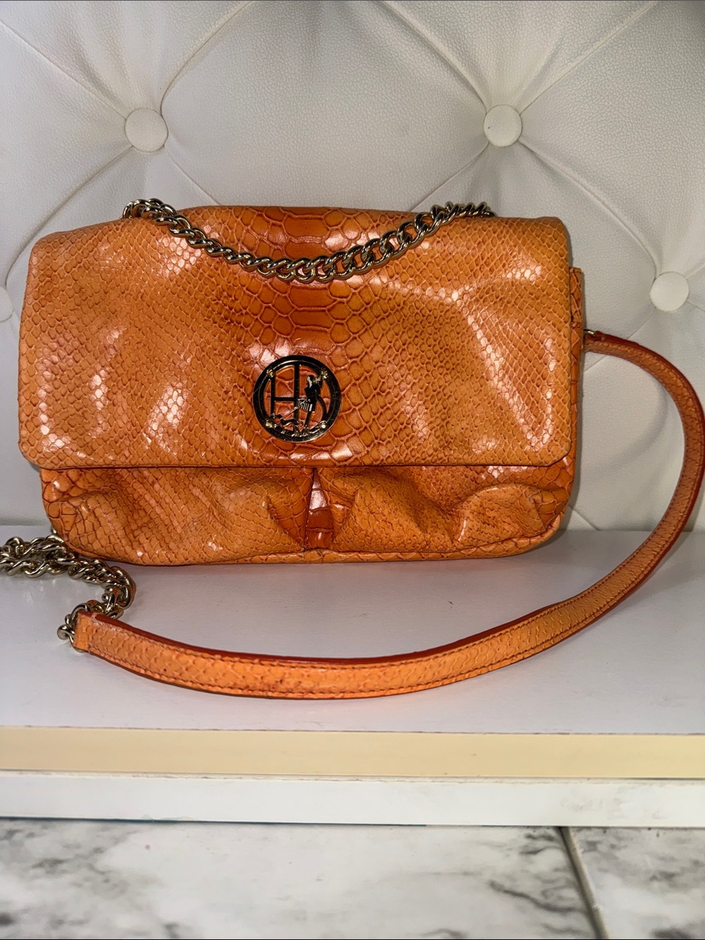 Henri Bendel orange snakeskin shoulder bag